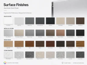 Aluminum solid panel surface finish options solid metallic wood grain stone and RAL colors