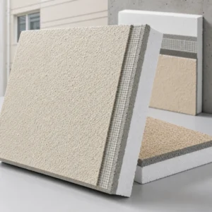 Insulation decorative composite panel sample with textured face layer and visible insulation core