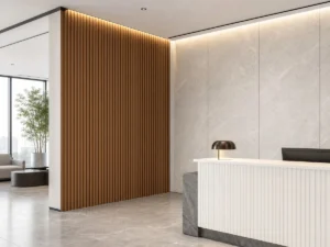 Interior wall panels with WPC fluted wall panels and SPC stone-look panels for hotel apartment office projects