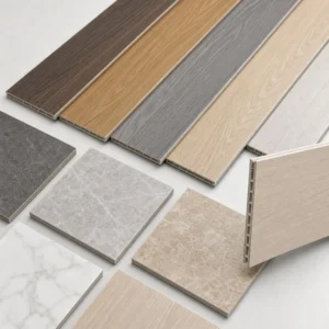 SPC flooring color samples with wood, stone and rigid core finish options