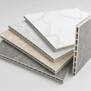 SPC wall panel marble and stone-look samples with rigid core profile