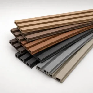 WPC fluted wall panel color samples with oak, walnut, grey and beige finishes