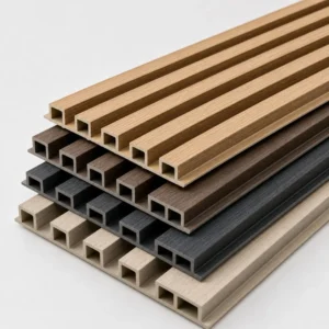 WPC fluted wall panel profile samples with hollow core and wood-look ribbed surfaces