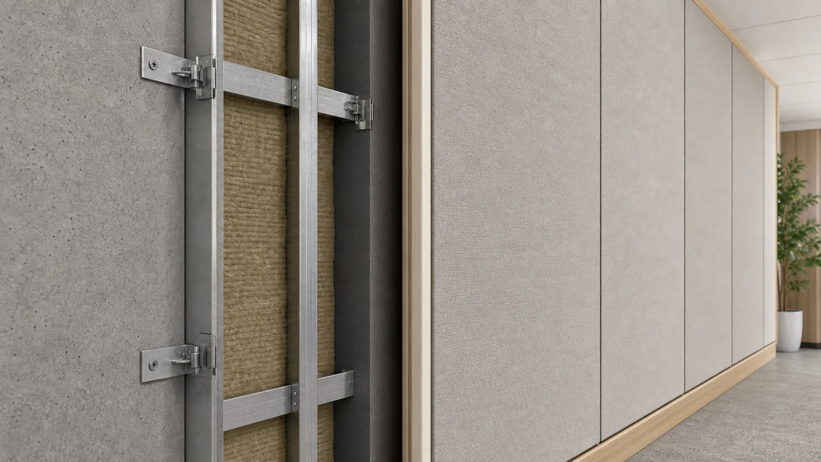 Acoustic wall panel installation detail with wall substrate and air cavity