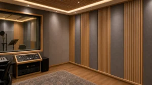 Acoustic wall panels used in a modern music studio interior