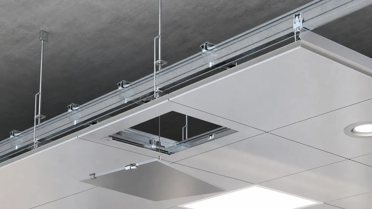 Aluminum ceiling panel installation detail with suspension system