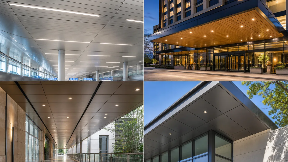Aluminum ceiling and soffit panel applications in airport, corridor, hotel canopy, and commercial building projects