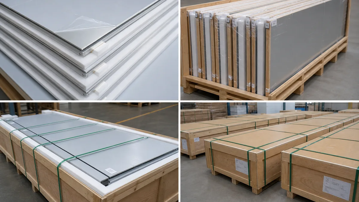 Export packing for aluminum facade panels with protective film and wooden crate