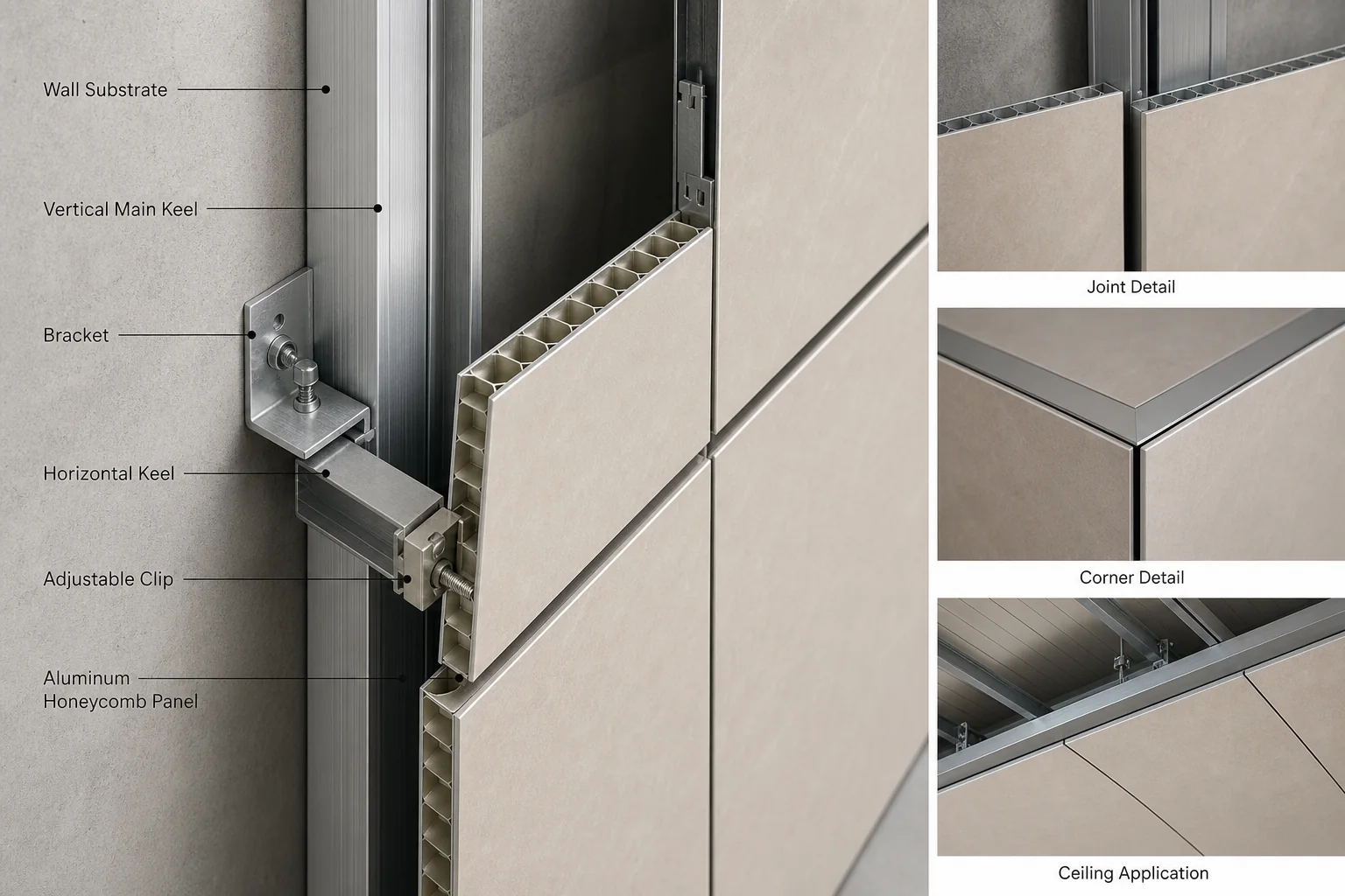 Aluminum honeycomb panel applications in airport ceiling, office lobby, hotel wall, and commercial building interior