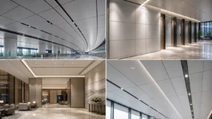 Aluminum honeycomb panels used in a modern commercial interior wall and ceiling project