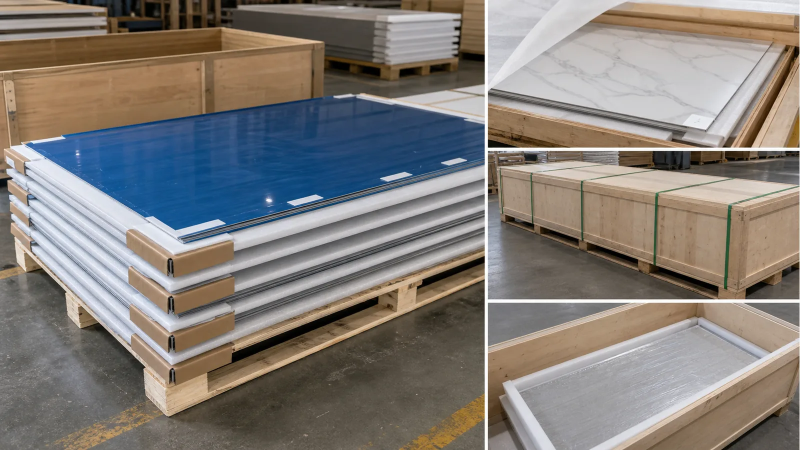 Export packing for aluminum panels with protective film, foam and wooden crate