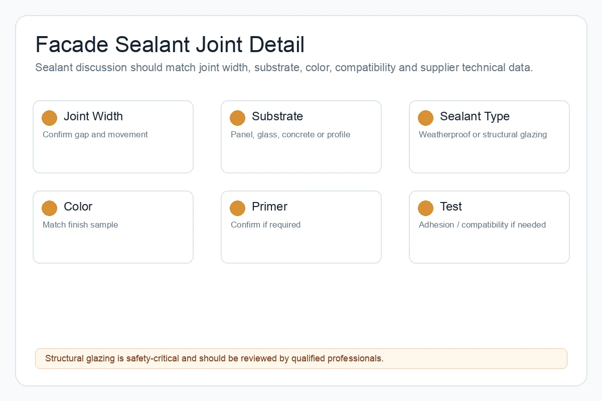 Aluminum panel facade joint sealant detail with panel gap and substrate compatibility note