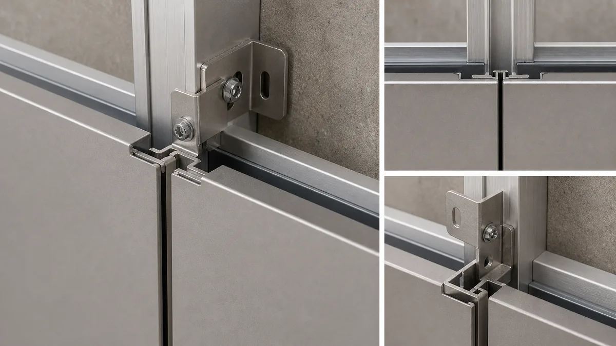 Aluminum panel fixing bracket detail with edge return and stiffener