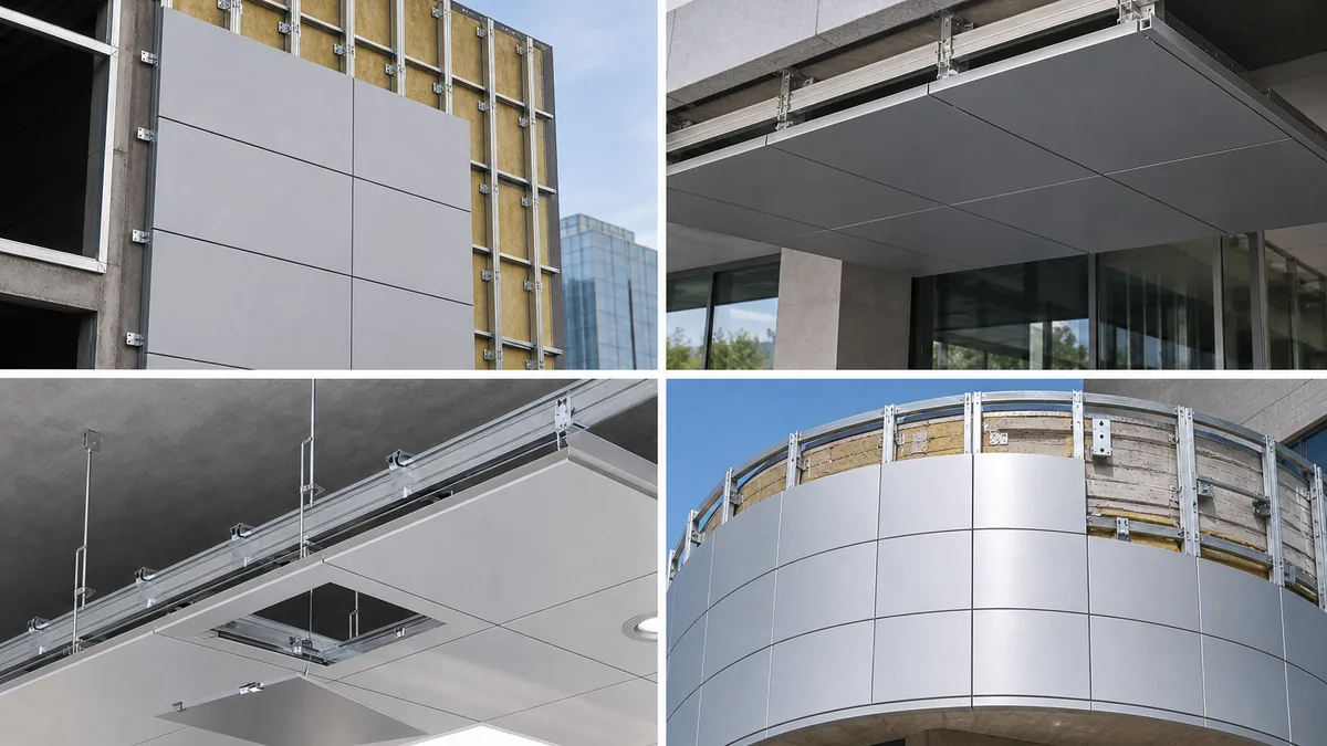 Aluminum panel installation applications in facade, soffit, ceiling and curved panel projects