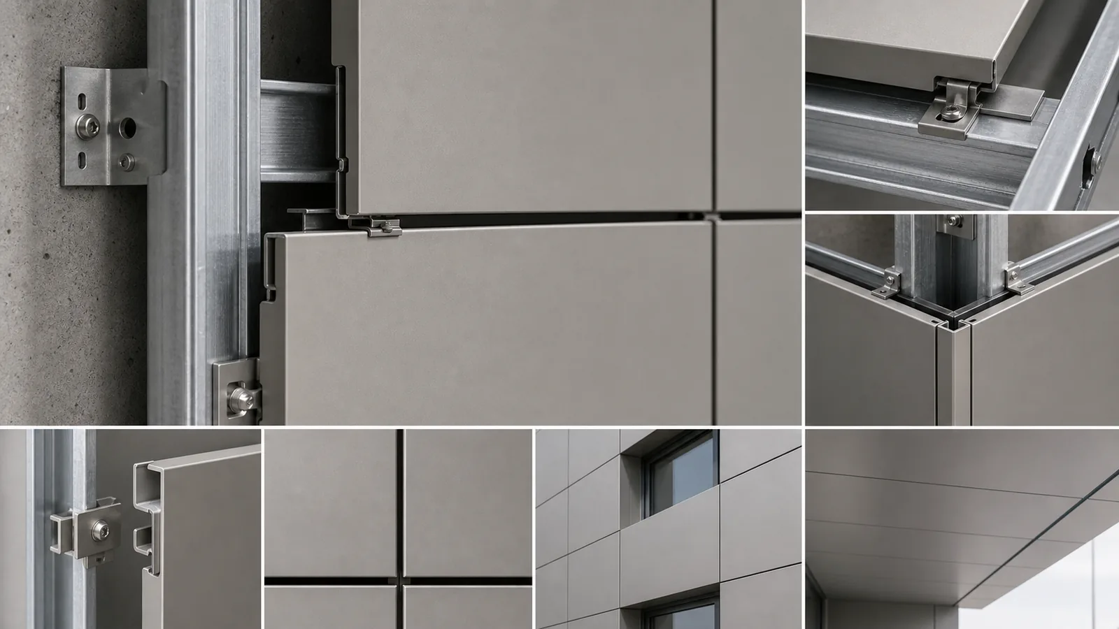 Aluminum wall and ceiling panel installation detail with metal subframe and fixing system