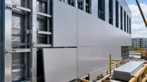 Aluminum facade panel installation with metal subframe and panel layout