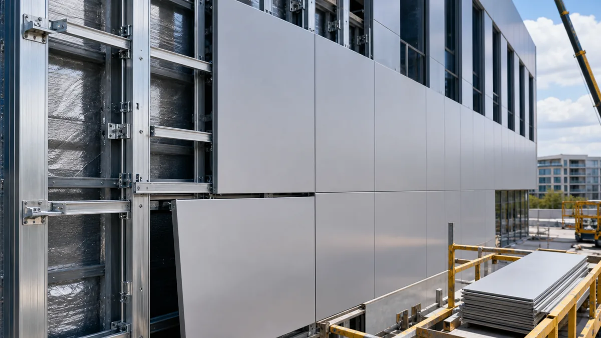 Aluminum facade panel installation with metal subframe and panel layout