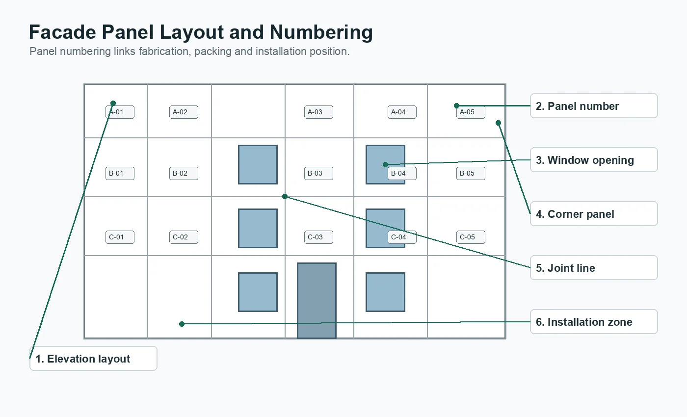Aluminum facade panel layout and numbering diagram