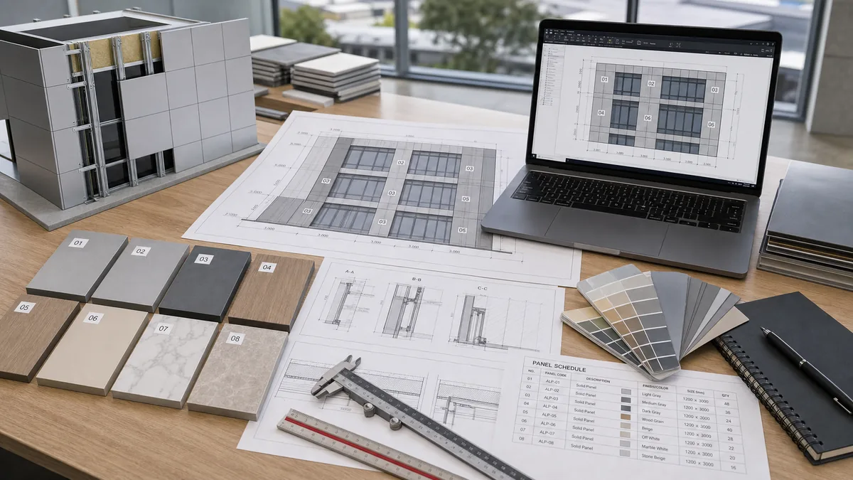 Aluminum panel shop drawing preparation with facade layout, panel samples and fabrication details