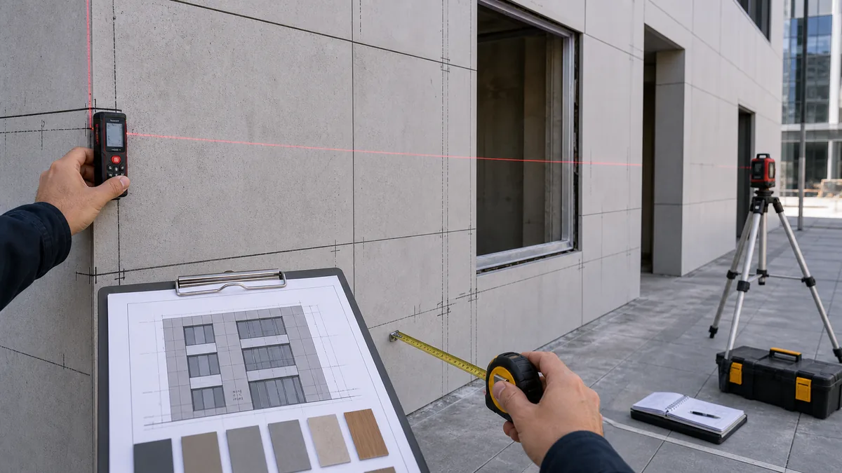 Site measurement and tolerance checking before aluminum panel shop drawing