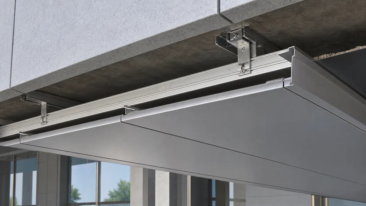 Aluminum soffit panel installation detail under canopy and exterior overhang