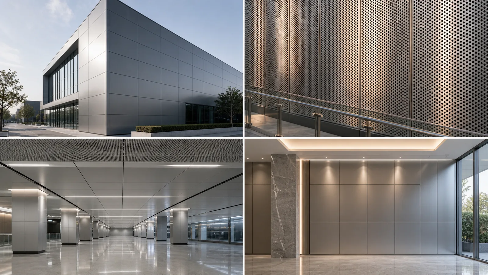 Aluminum solid panel and aluminum honeycomb panel applications in facade, ceiling, office lobby, and transportation building projects