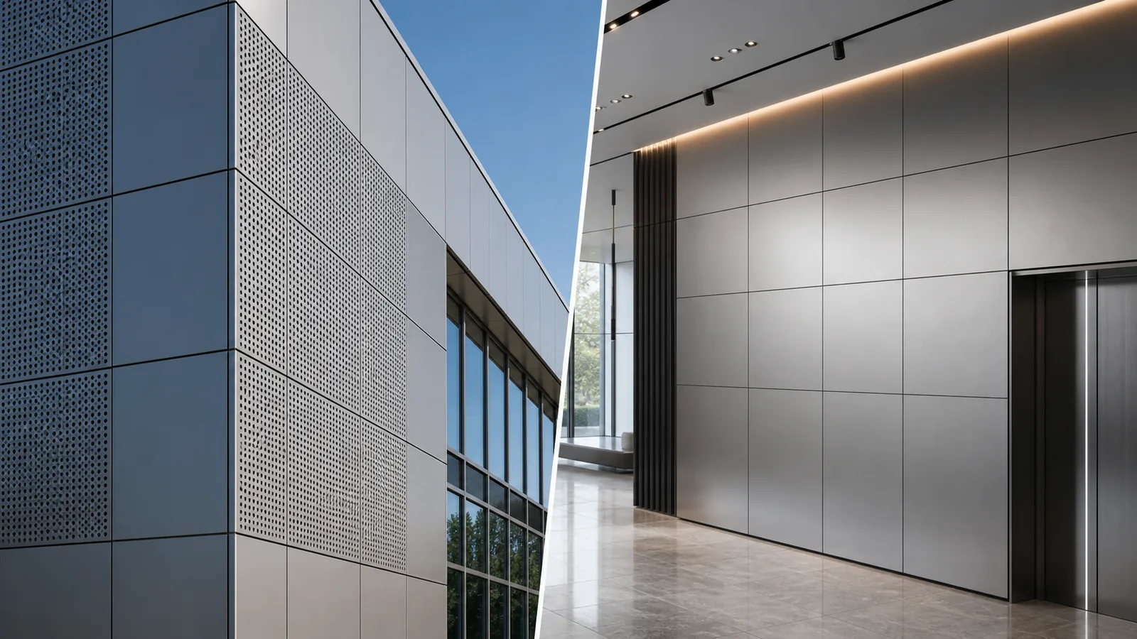 Aluminum solid panels and aluminum honeycomb panels used in modern commercial wall and ceiling projects