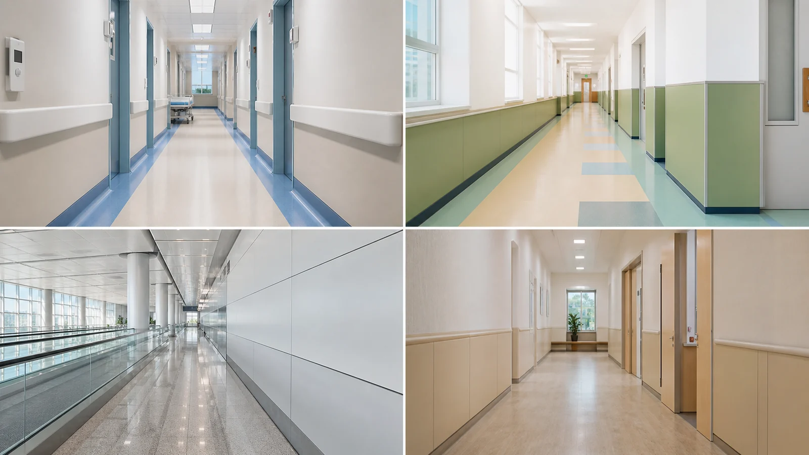 Anti-collision wall panel applications in hospital, school, airport, and public corridor interiors