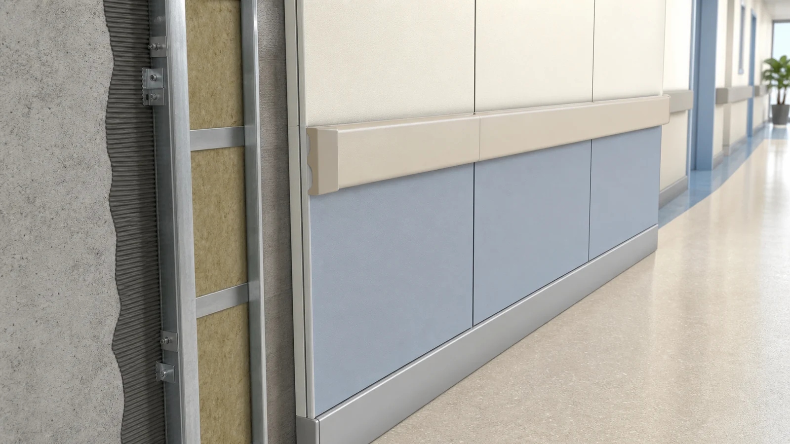Anti-collision wall panel installation detail for hospital and public corridor walls