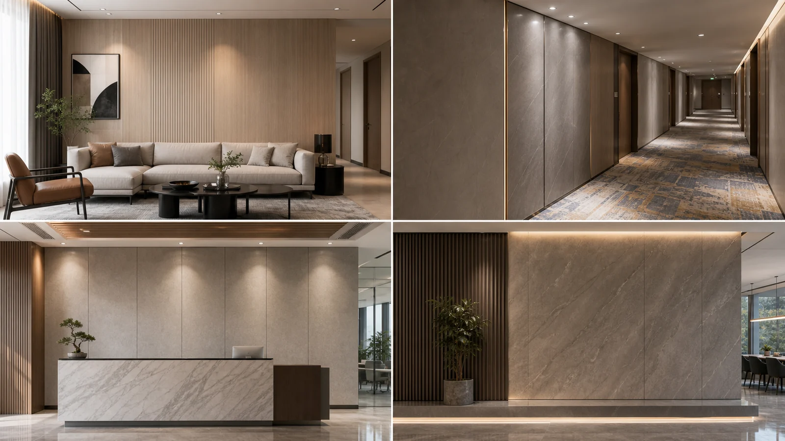 Carbon Crystal Wall Panel and Bamboo Fiber Wall Panel applications in apartments, hotels, offices, and commercial interiors