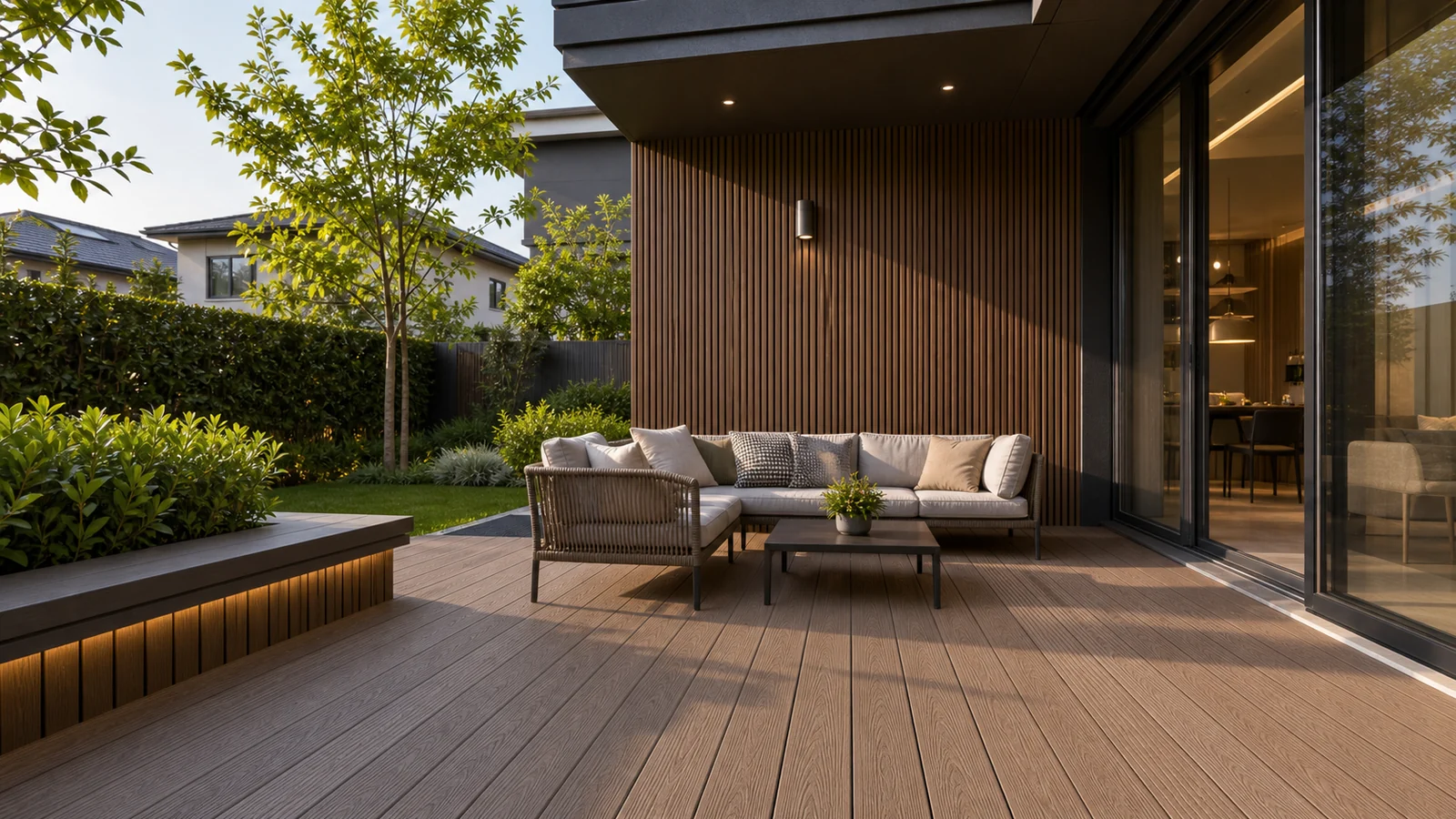 Co-extrusion WPC decking and wall panels used in a modern outdoor terrace project