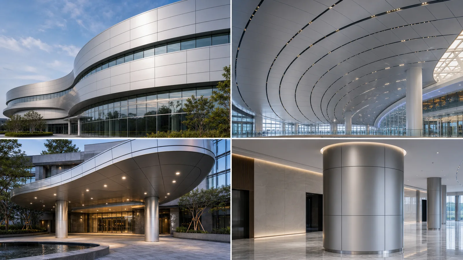 Curved and hyperbolic aluminum panel applications in facade, canopy, ceiling, and column cladding projects