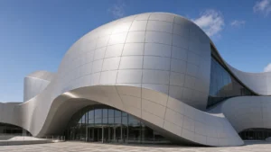 Curved and hyperbolic aluminum panels used on a modern architectural facade