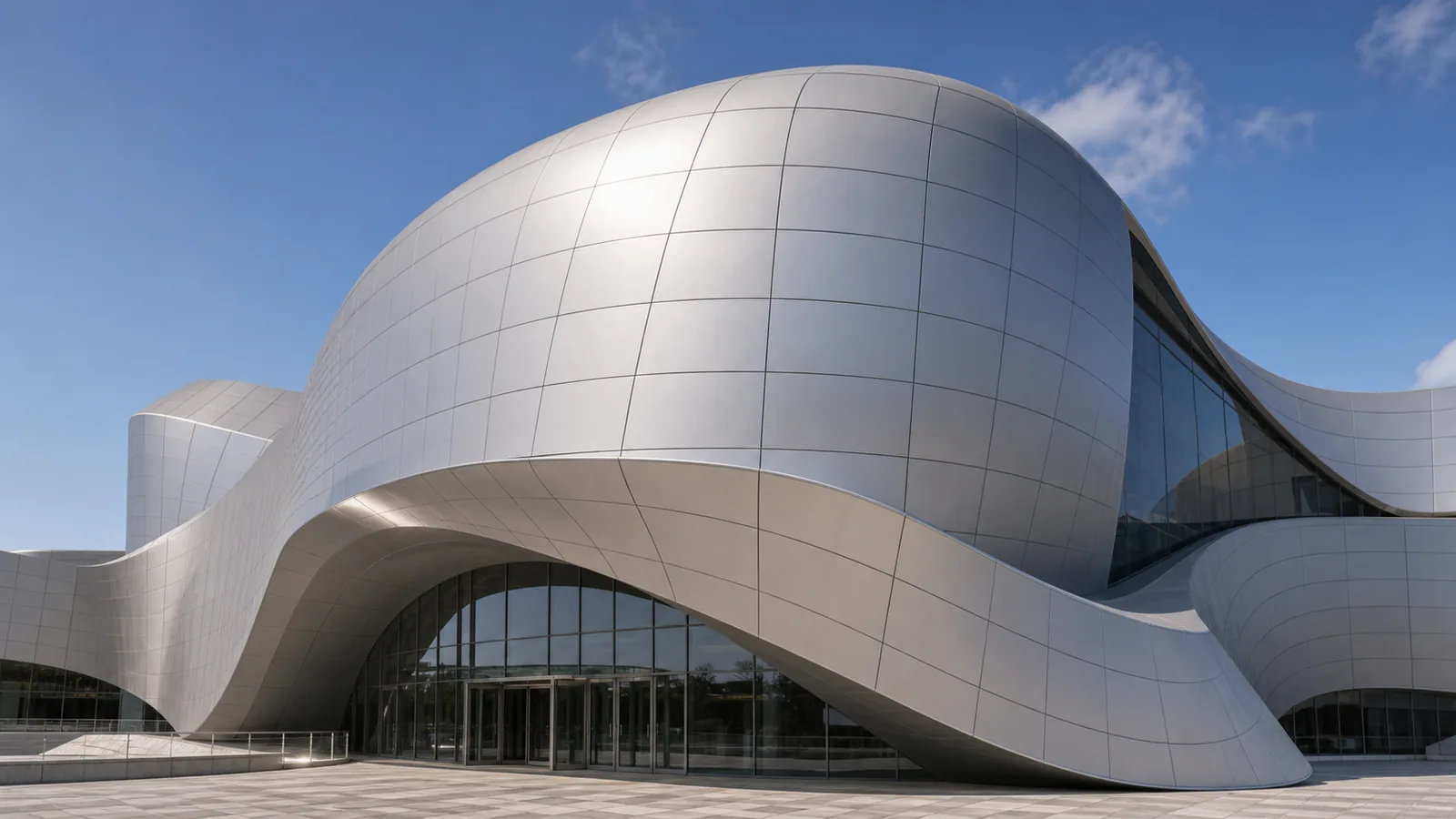 Curved and hyperbolic aluminum panels used on a modern architectural facade