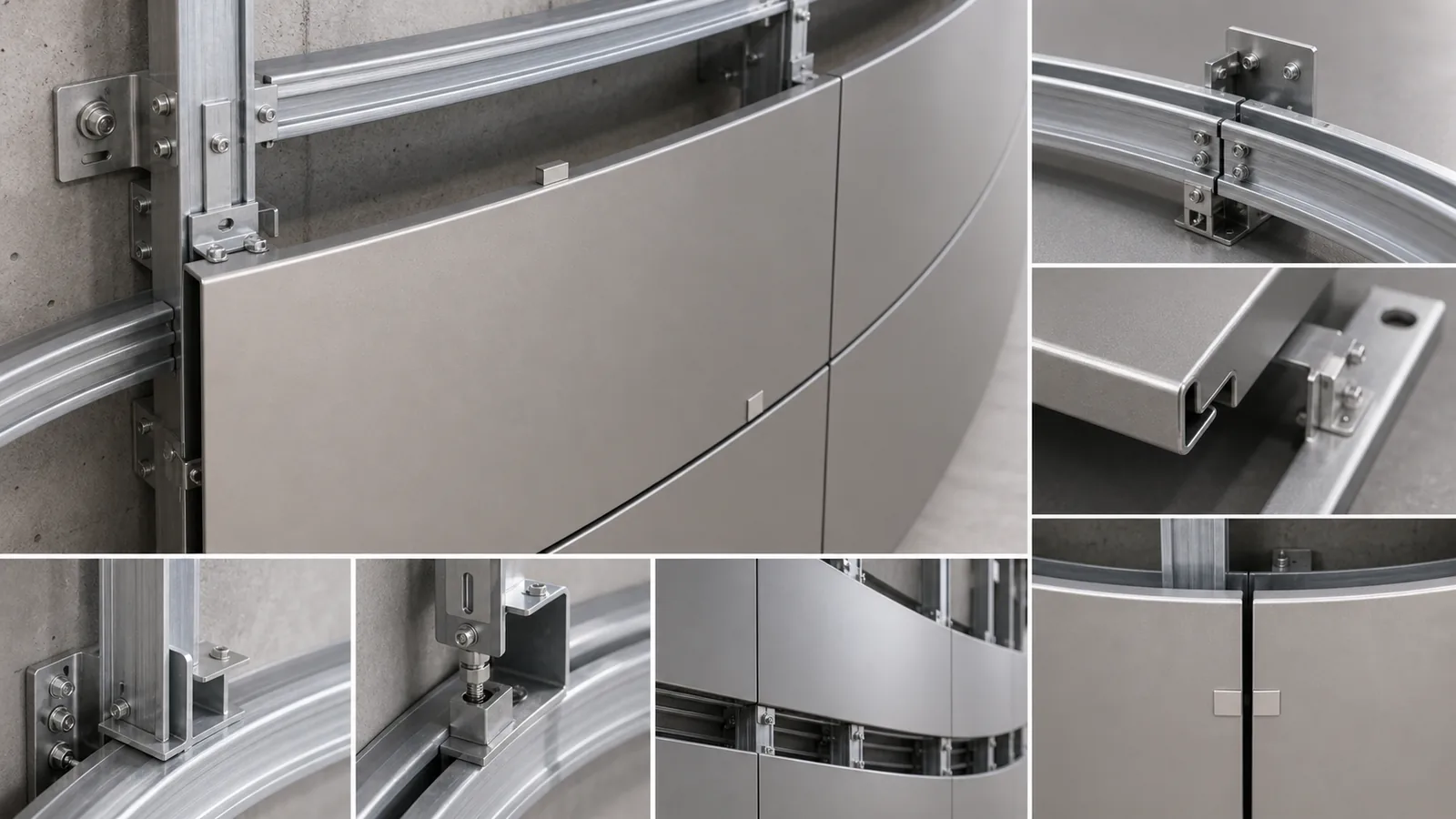 Curved aluminum facade panel installation detail with metal subframe