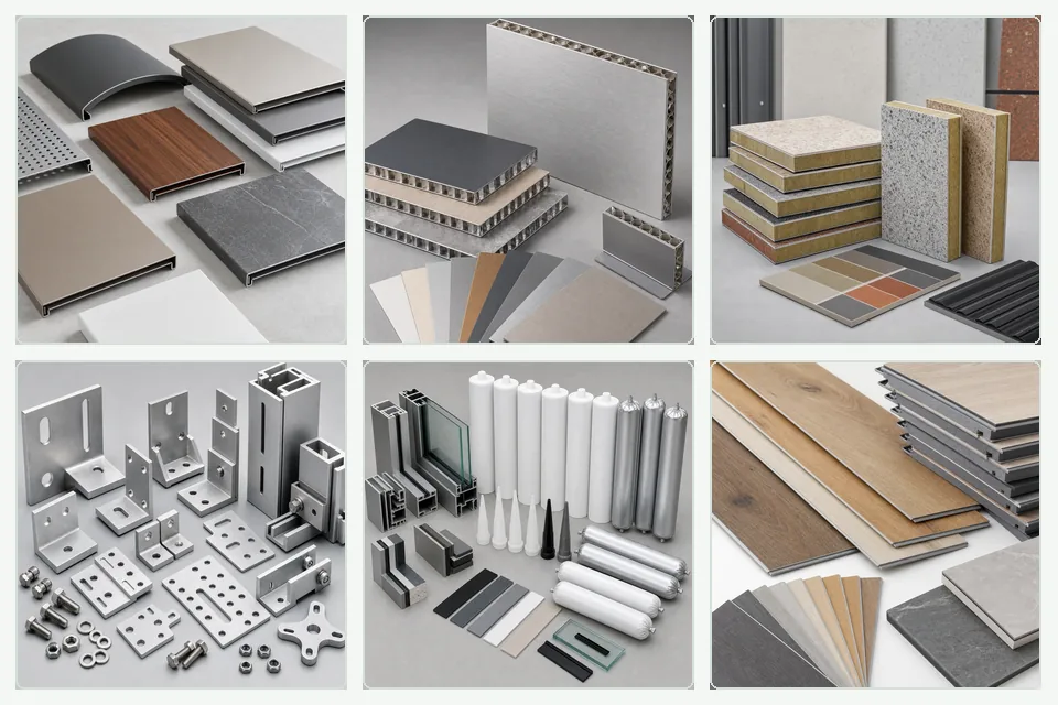 Building materials sourcing collage with aluminum panels honeycomb panels ETICS panels brackets sealants flooring and wall panels
