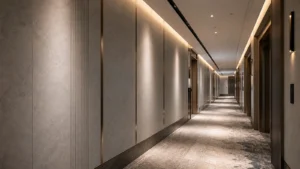 Nano diamond wall panels used in a modern hotel corridor interior
