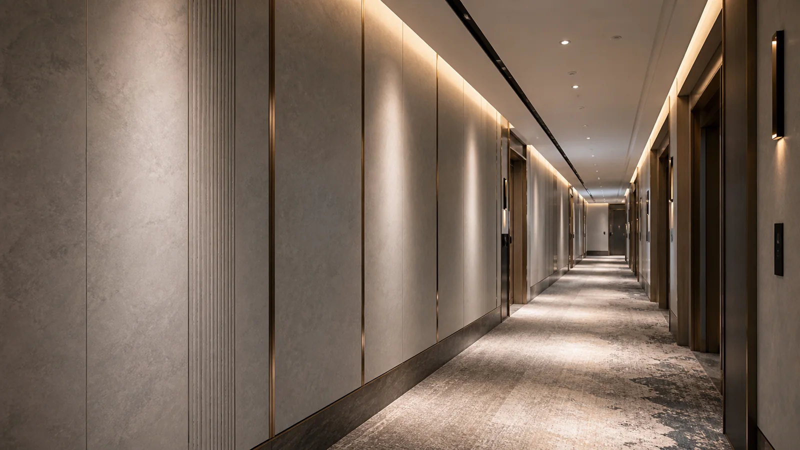 Nano diamond wall panels used in a modern hotel corridor interior