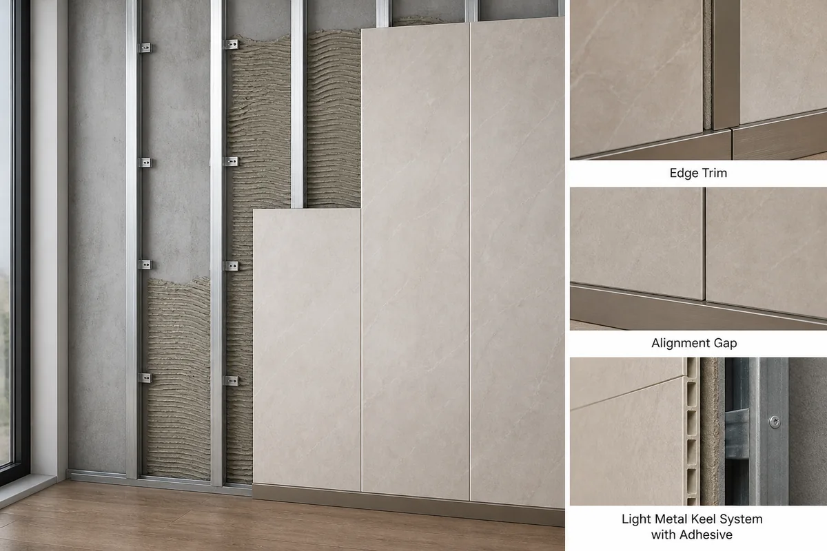 Nano diamond wall panel installation detail with adhesive or keel system