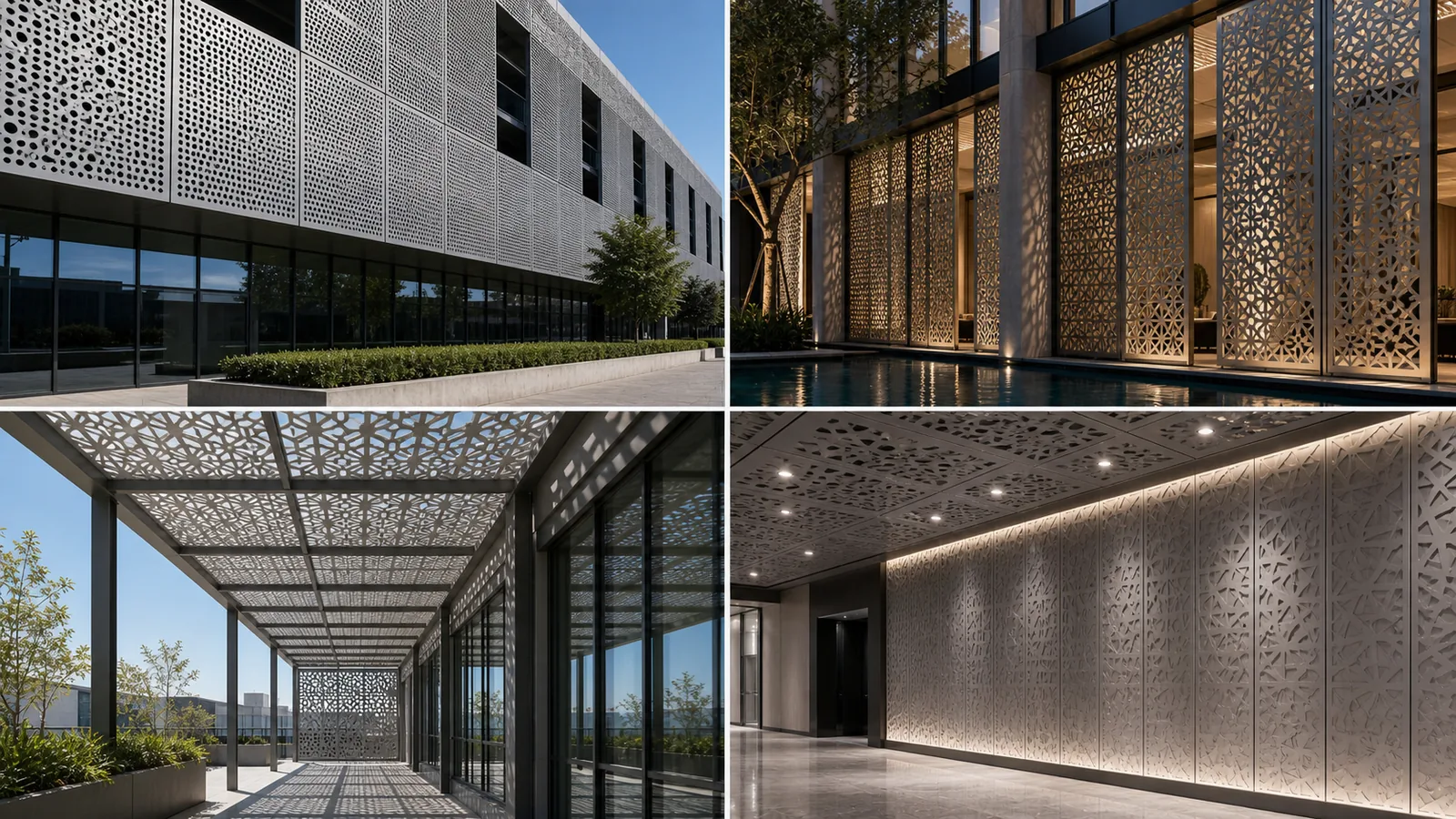 Perforated and carved aluminum panel applications in facade, ceiling, privacy screen, and sunshade projects