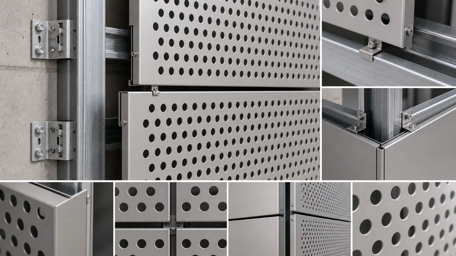 Perforated aluminum facade screen installation detail with metal subframe