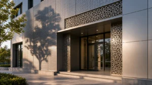 Perforated and carved aluminum panels used on a modern commercial building facade