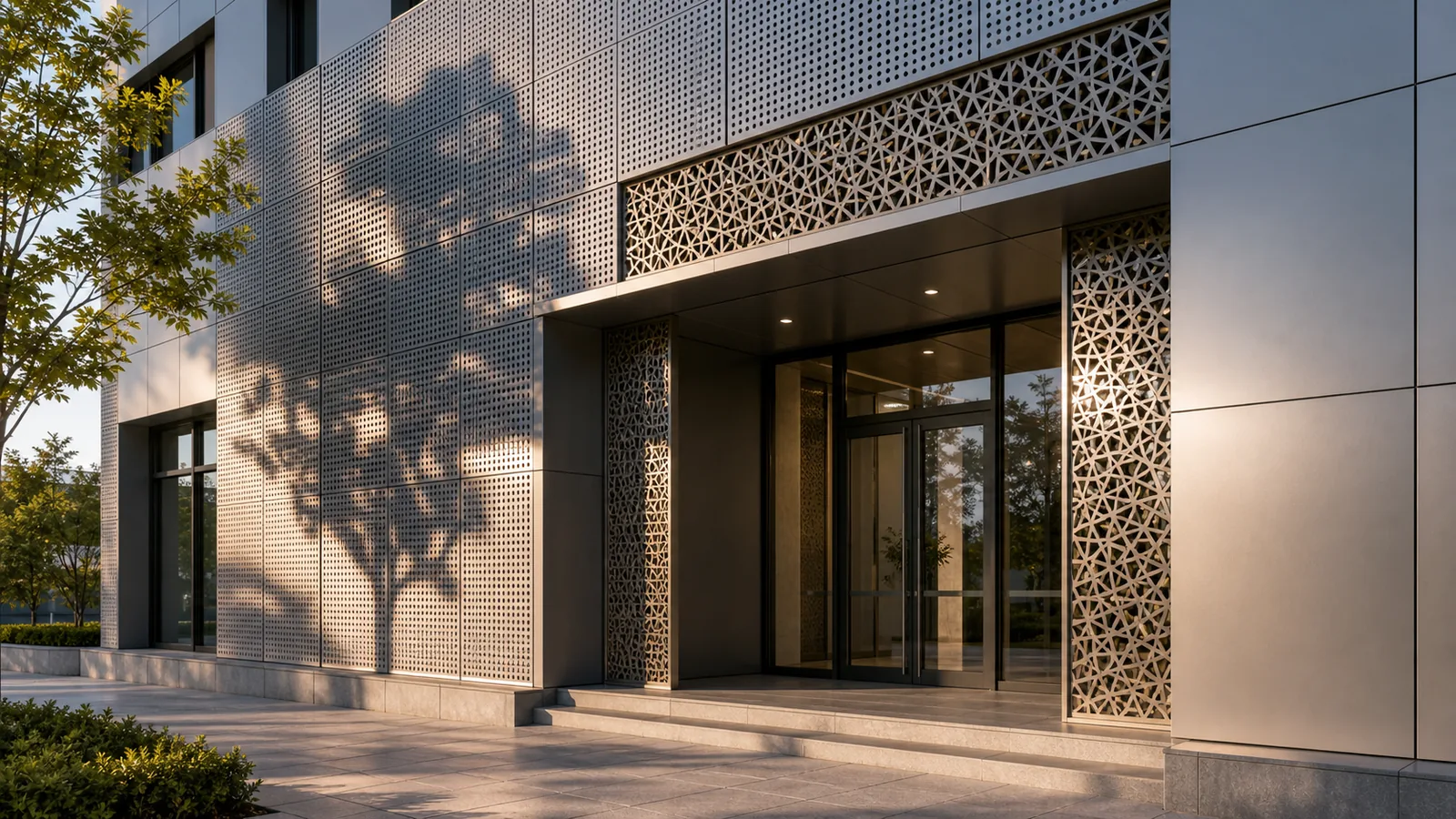 Perforated and carved aluminum panels used on a modern commercial building facade