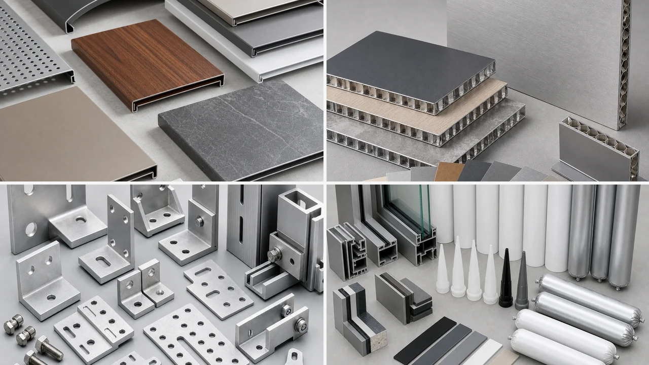 Aluminum facade panel honeycomb panel bracket and sealant materials for facade and entrance cladding