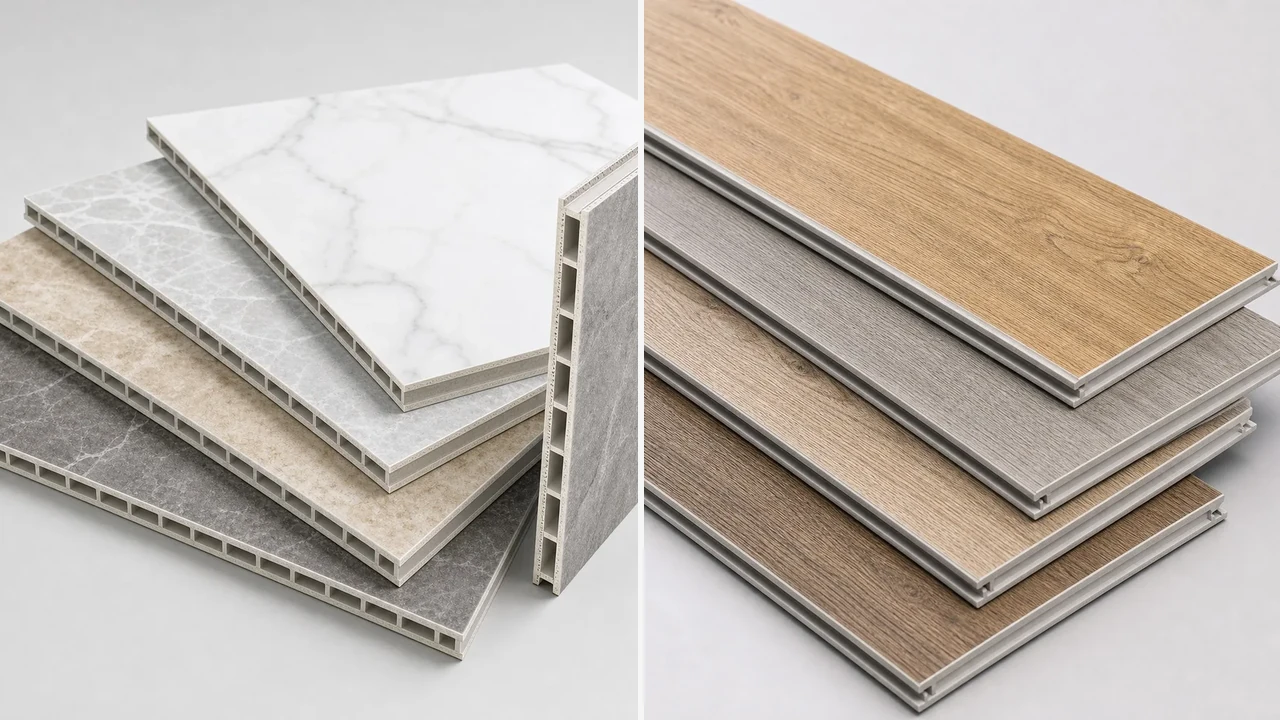 SPC wall panels and waterproof flooring materials for moisture resistant interior applications