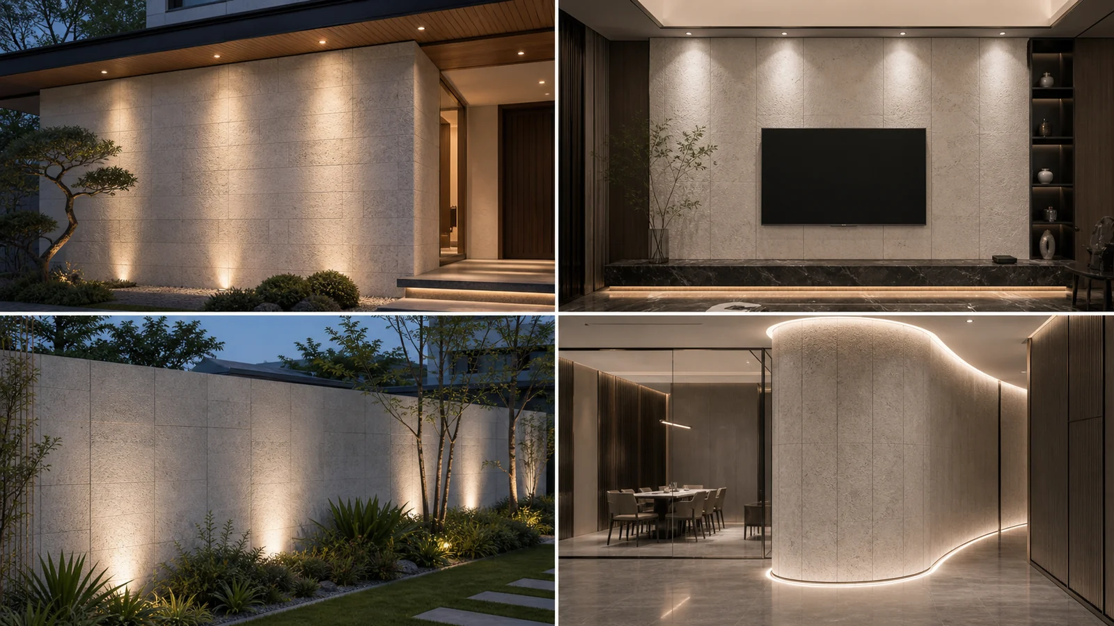 PU Stone and Flexible Stone applications in villa facade, commercial wall, garden wall, and curved wall decoration