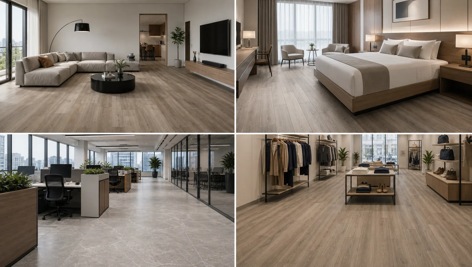 SPC flooring applications in apartments, hotels, offices, and shops