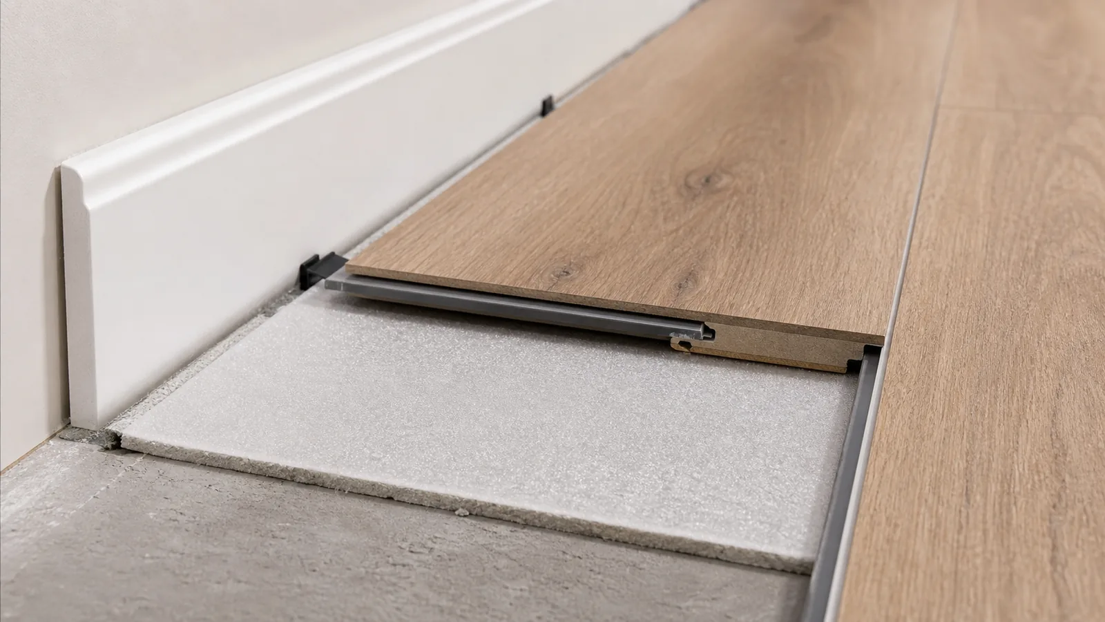 SPC flooring click lock installation detail with expansion gap and underlayment