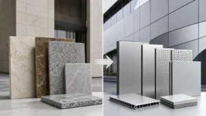 Stone slabs compared with modern aluminum facade panel samples