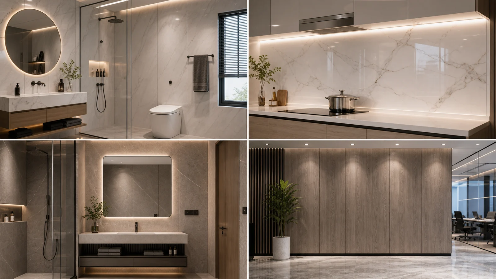 UV Wall Panel and SPC Wall Panel applications in bathrooms, kitchens, hotel interiors, and apartment renovation projects